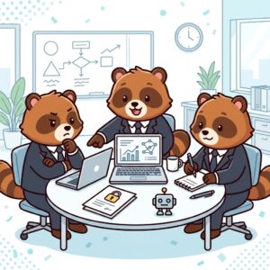 会議テーブルを囲んで、生成AIの使い方を話し合うスーツ姿のたぬきたち