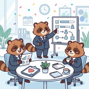 会議テーブルを囲んで、職場の働き方を話し合うスーツ姿のたぬきたち
